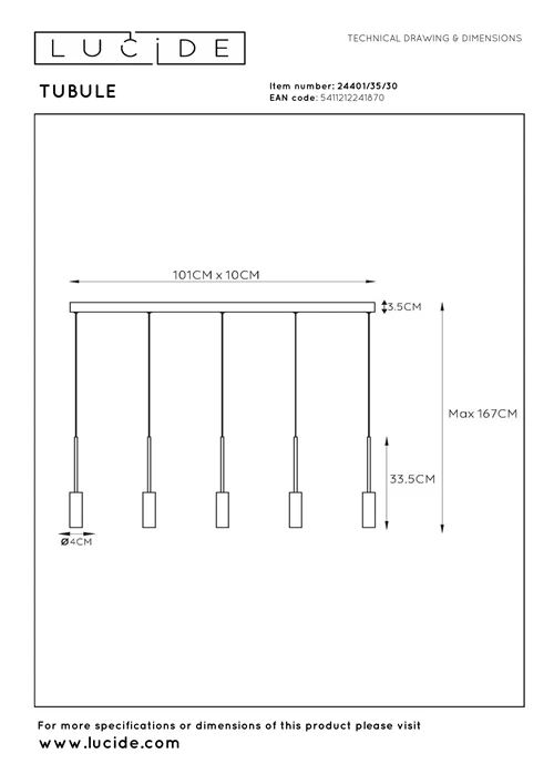 Lucide TUBULE - Pendelleuchten - LED - 5x7W 2700K - Schwarz - technisch